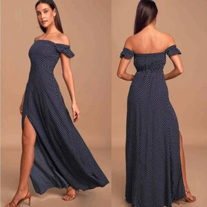 Lulus Dream Love Off-the-Shoulder Maxi Dress  Navy Blue Polka Dot Size  XS